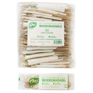 Set tacamuri din lemn biodegradabile  furculita+cutit+servetel, 50 seturi/pachet
